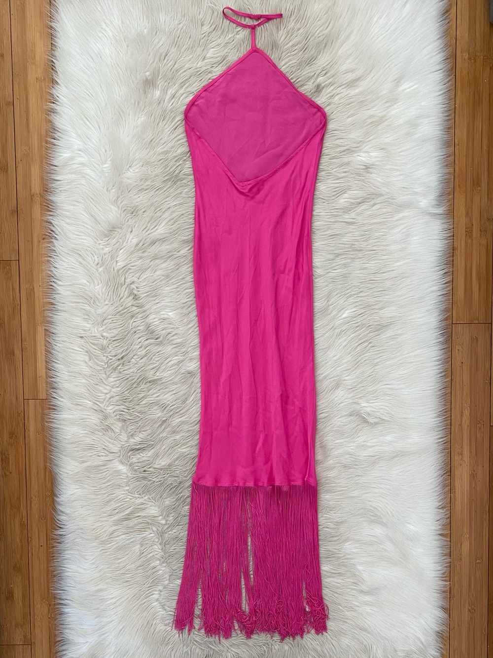 Camila Coelho Payton Maxi Dress Hot Pink Halter Neck Sleeveless Fringe Hem S - Picture 6 of 11